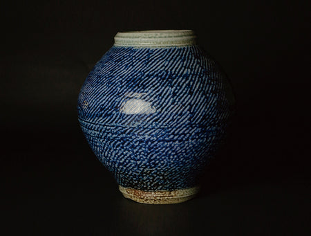 Flower vessel, Salt glaze inlaid pot, Rope-pattern - Tatsuzo Shimakoa Mashiko ware Wood crafts
