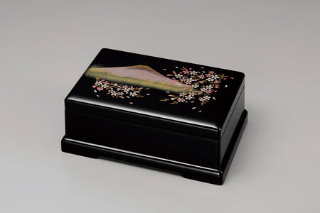 Box, Music box, Jewelry box, Mt. Fuji and Cherry blossom, Black, 7.0 Square flat - Aizu lacquerware