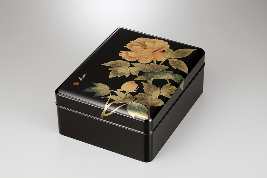 Box, Tamabuchi bunko-box, Peony, Black, 11.0 - Aizu lacquerware
