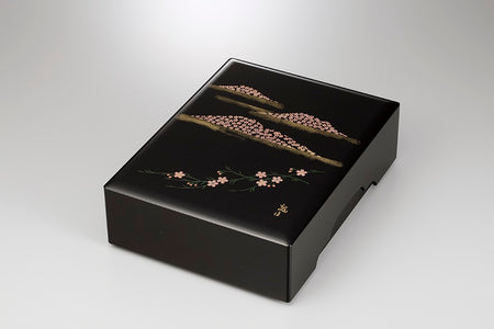 Box, Kabuse bunko-box, Far mountain, Hand-painted, Urushi maki-e, Black, 12.0 - Aizu lacquerware