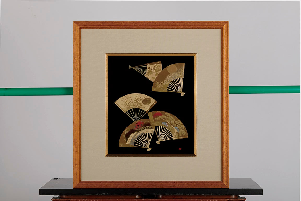 Ornament, Framed picture, Golden fan, Black - Aizu lacquerware