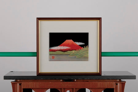 Ornament, Framed picture, Red Mt. Fuji, Black, Small - Aizu lacquerware