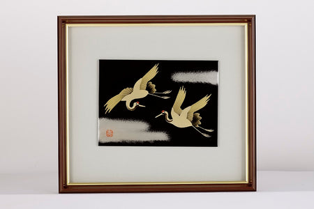 Ornament, Framed picture, Two cranes, Black, Small - Aizu lacquerware