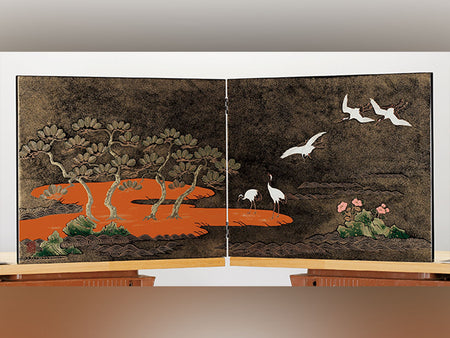 Ornament, Folding screen, January Pine and crane, Black - Aizu lacquerware