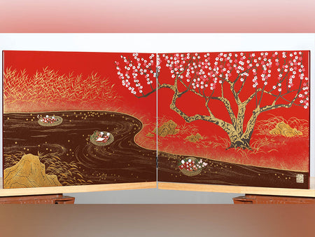 Ornament, Folding screen, March Paper hina-dolls floated down river, Vermillion - Aizu lacquerware