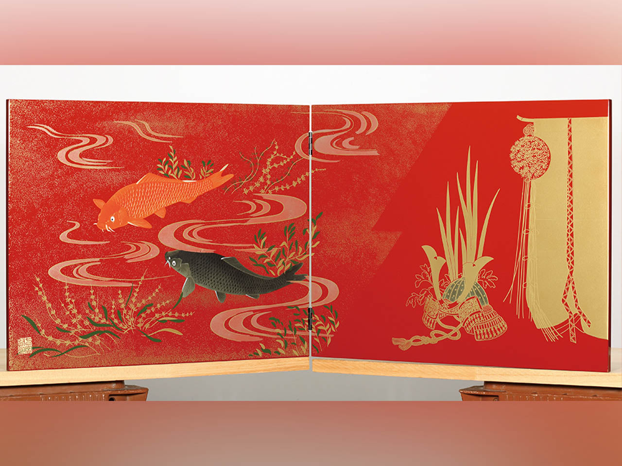 Ornament, Folding screen, May Boys' festival, Vermillion - Aizu lacquerware