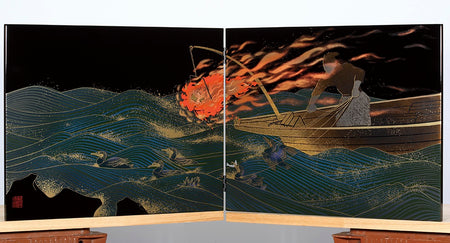 Ornament, Folding screen, August Cormorant fishing, Black - Aizu lacquerware