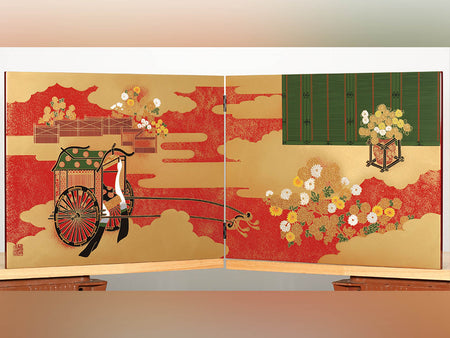 Ornament, Folding screen, September Chrysanthemum, Vermilion - Aizu lacquerware