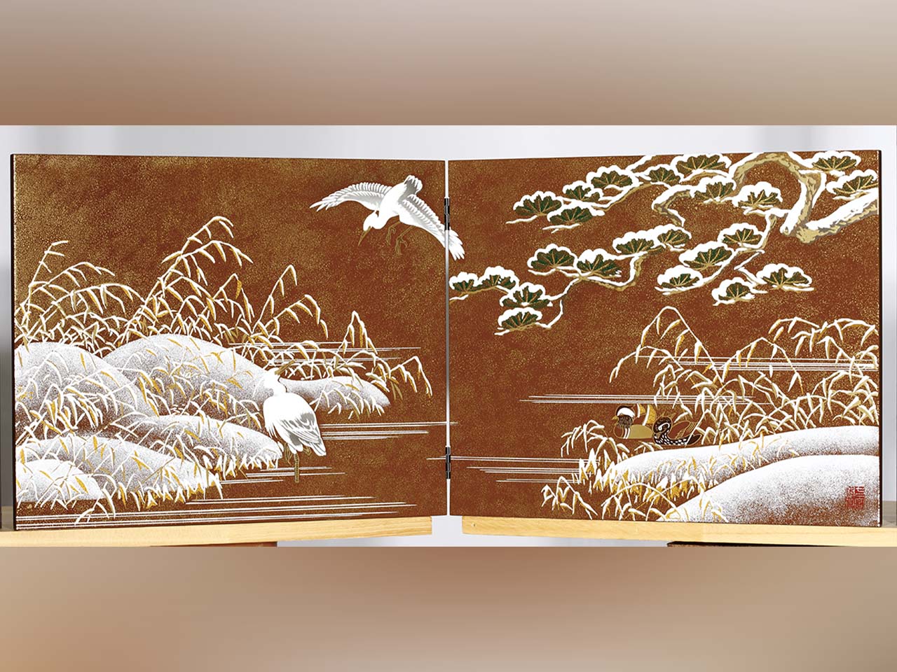 裝飾品 屏風 12月 鷺 朱色 會津漆器 漆器