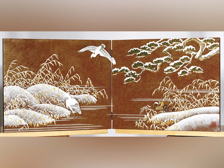 Ornament, Folding screen, December Heron, Vermillion - Aizu lacquerware