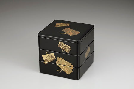 容器 重箱 3层饭盒 色纸结 外侧黑色内侧朱色 6.5 会津漆器 漆器