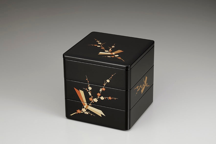 Tableware, Three-tiered food box, Tied plum Black, inside vermillion, 6.5, Bento - Aizu lacquerware