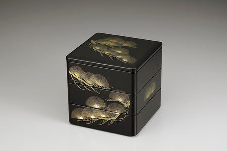 Tableware, Three-tiered food box, Dancer's fan Black, inside vermillion, 6.5, Bento - Aizu lacquerware