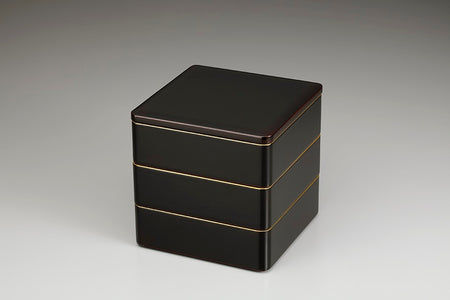 Tableware, Three-tiered food box, Golden rim, Transparent topcoat, inside vermillion, 6.5, Bento - Aizu lacquerware