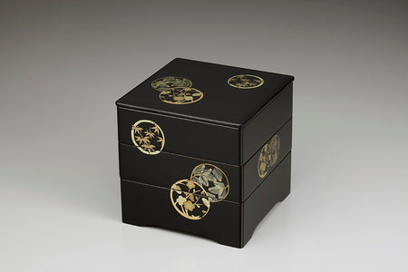 Tableware, Three-tiered food box, Hanamaru, Transparent topcoat, inside vermillion, 6.5, Bento - Aizu lacquerware