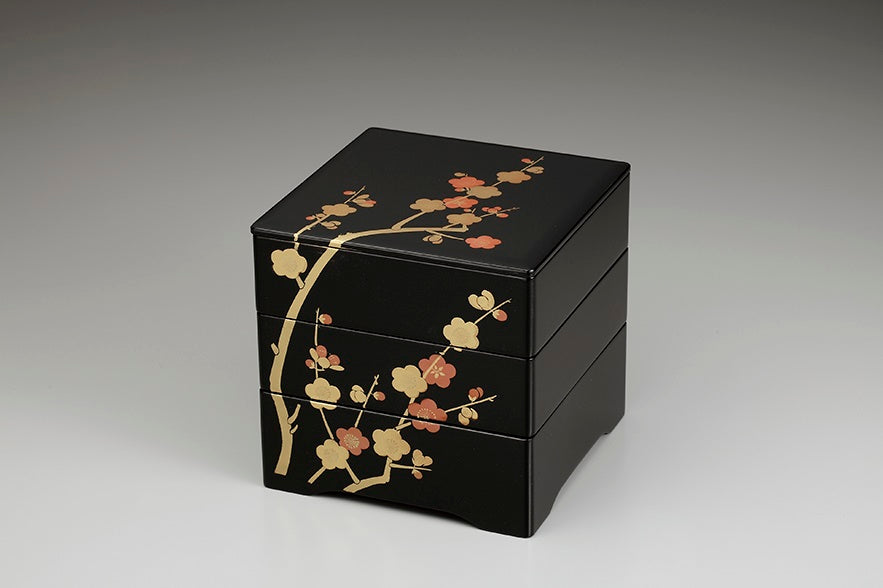 Tableware, Three-tiered food box, Plum blossom, Black, inside vermillion, 6.5, Bento - Aizu lacquerware