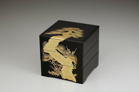 Tableware, Three-tiered food box, Golden pine, Black, inside vermillion, 6.5, Bento - Aizu lacquerware