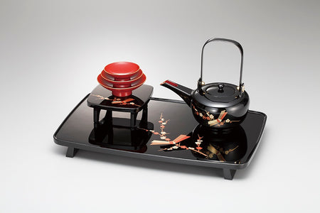 Drinking vessel, Set of sake utensils, Tied plum blossom, Black - Aizu lacquerware