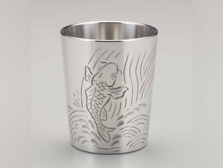 Drinking vessel, Large sake cup, Carved style Carp - Osaka naniwa pewterware, Metalwork