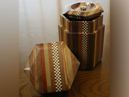 Tea supplies, Pure wood Hexagonal tea caddy, Striped checkerboard - Hakone wood mosaic, Wood crafts