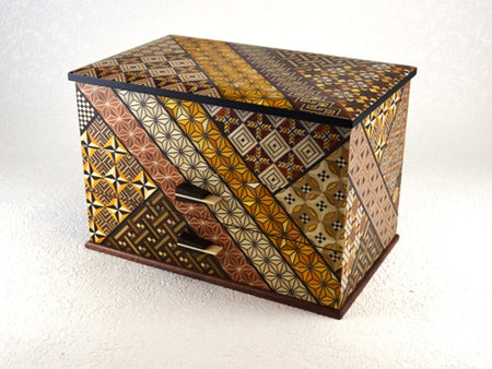 Box, 2 drawers with mirror, Small parquet pattern, 7-sun size - Hakone wood mosaic, Wood crafts