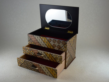 Box, 2 drawers with mirror, Small parquet pattern, 7-sun size - Hakone wood mosaic, Wood crafts