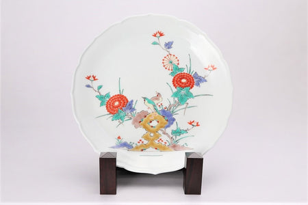 Ornament, Decorative plate, Bellflower shaped rim, Chrysanthemum and bird, 7-sun size - Kakiemon-kiln, Arita ware, Ceramics