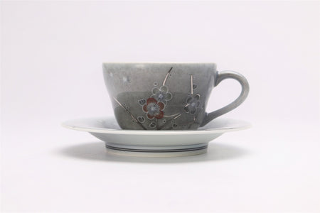 咖啡用品 咖啡杯碟 薄墨墨彈 梅紋 十四代今右衛門 有田燒 陶瓷器