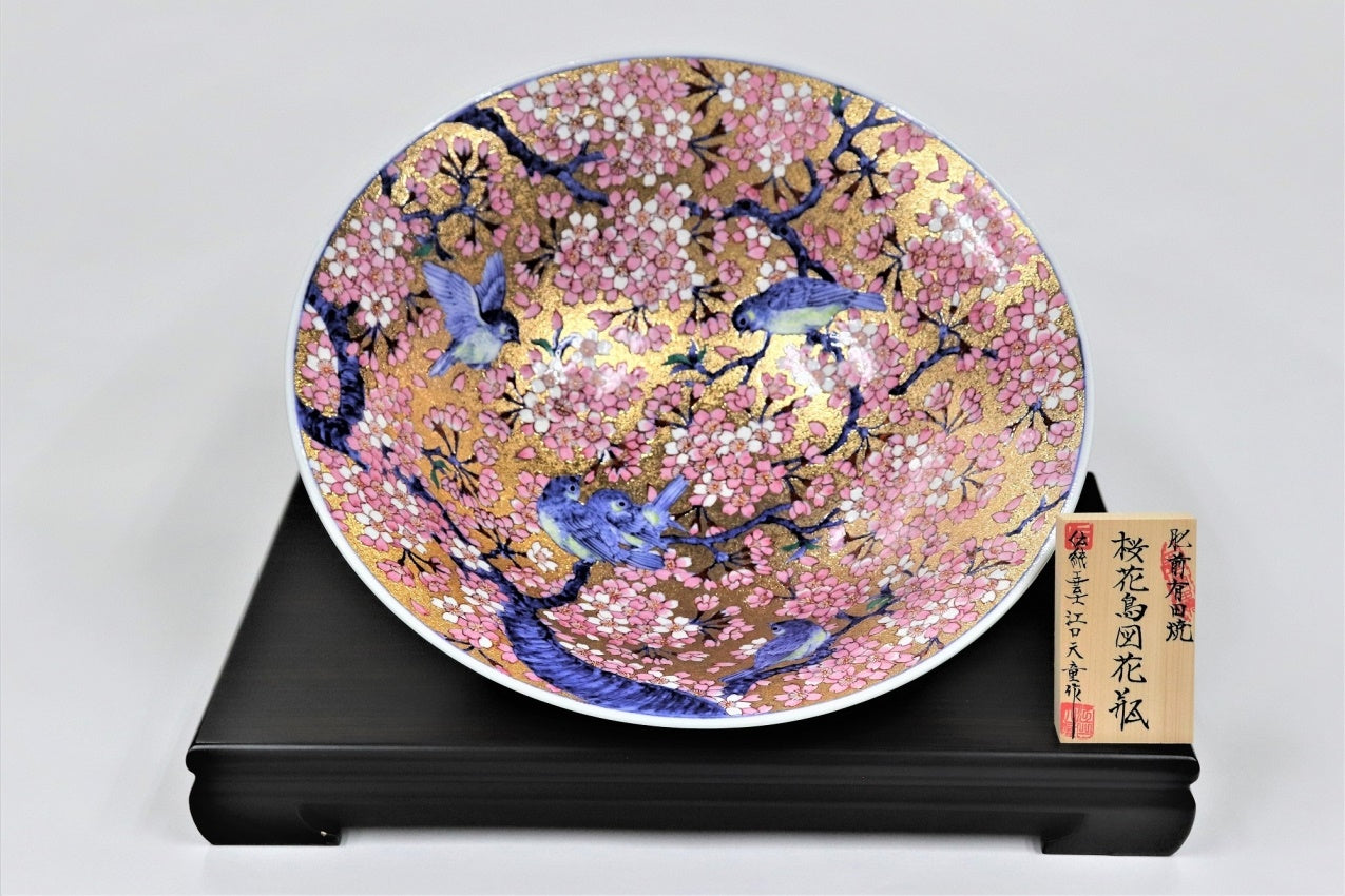 Ornament, Decorative bowl, Gold painting, Cherry blossom and bird - Kinryu-kiln, Tendo Eguchi, Arita ware, Ceramics