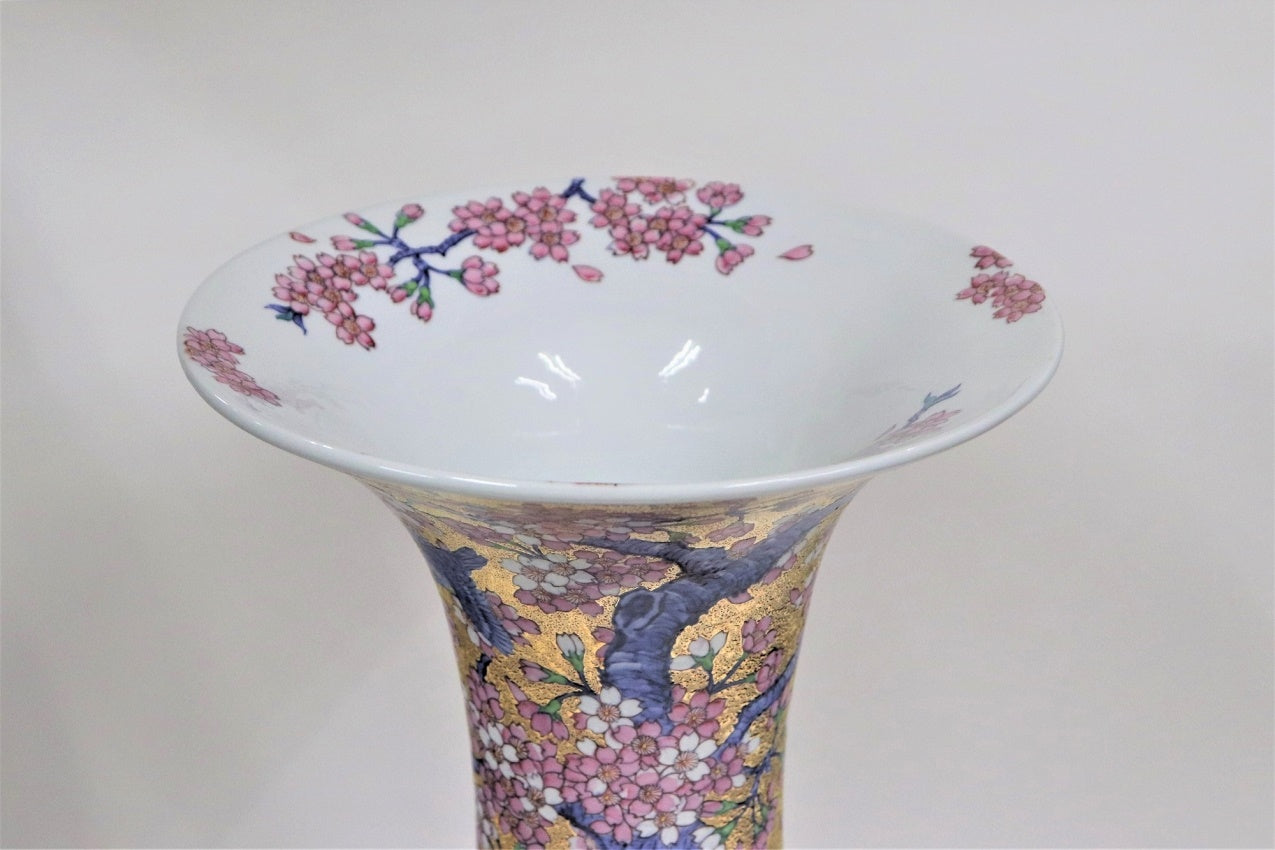 Flower vessel, Vase, Gold painting, Cherry blossom and bird, Trumpet-shaped rim Large - Kinryu-kiln, Tendo Eguchi, Arita ware, Ceramics