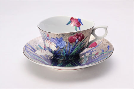 Cafe supplies, Coffee cup with wooden box, Platinum painting, Iris - Kinryu-kiln, Tendo Eguchi, Arita ware, Ceramics