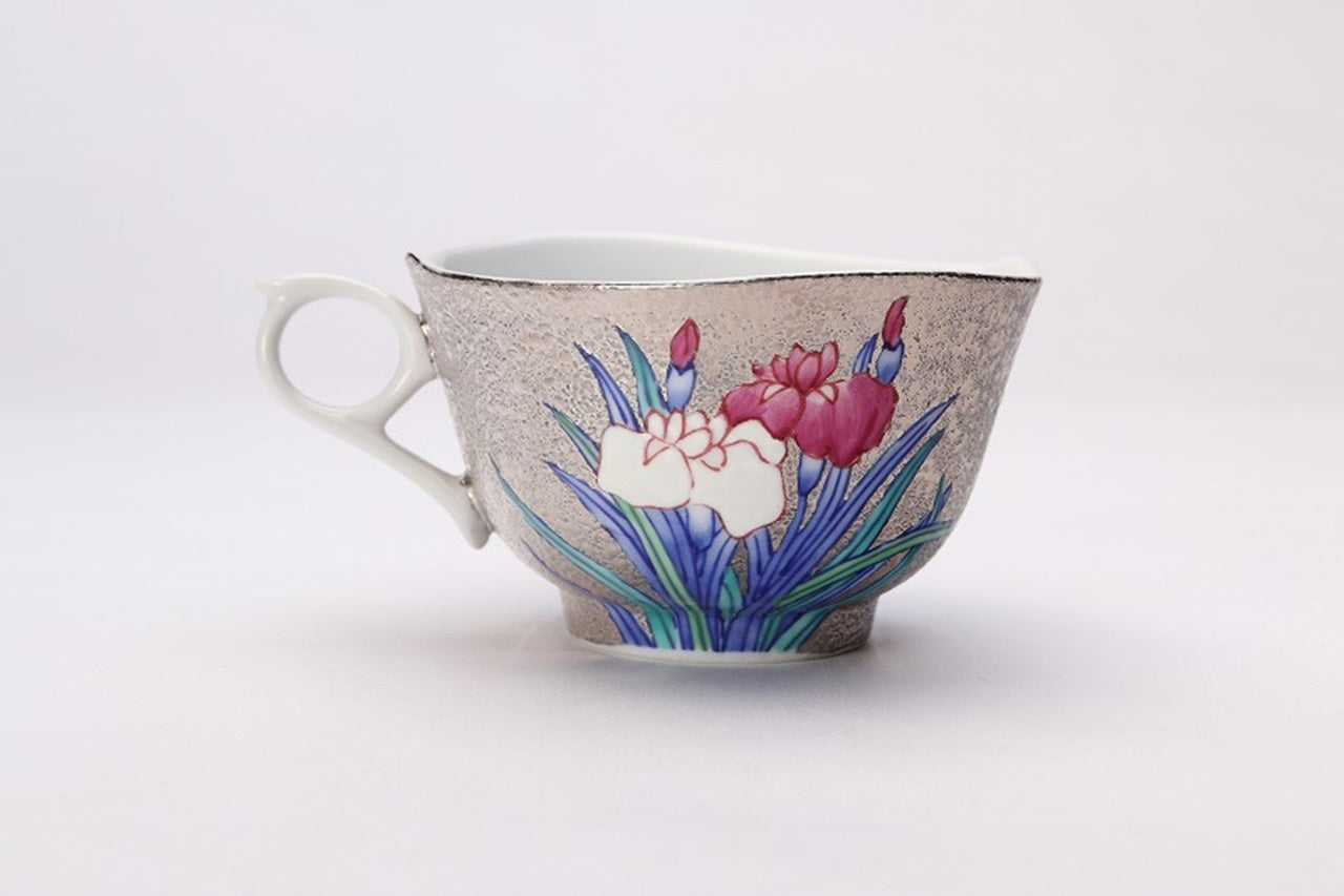 Cafe supplies, Coffee cup with wooden box, Platinum painting, Iris - Kinryu-kiln, Tendo Eguchi, Arita ware, Ceramics
