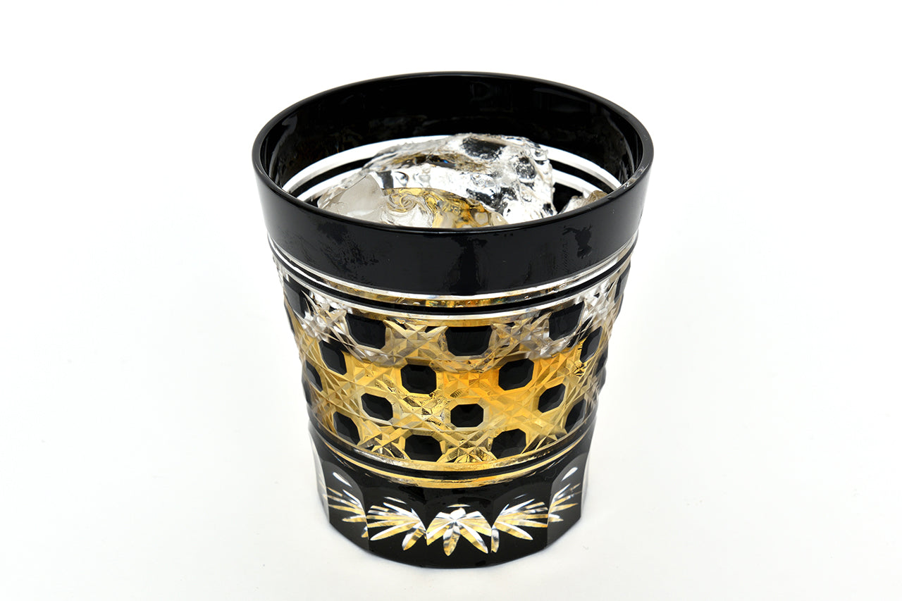 Drinking vessel, Old-fashioned glass, Octagonal woven bamboo pattern, Black - Hidetaka Shimizu, Edo kiriko cut glass