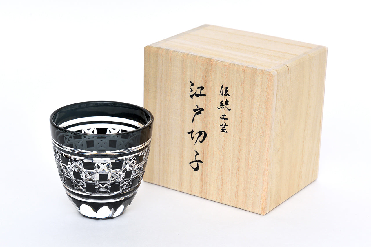 Drinking vessel, Large sake cup, Hemp-leaf checkerboard, Black - Hidetaka Shimizu, Edo kiriko cut glass