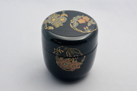 Tea ceremony utensils, Thin matcha container, Rikyu type, Flowers in a round - Sanao Matsuda, Echizen lacquerware