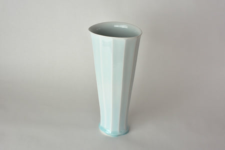 Flower vessel, Vase, Bluish-white porcelain, Chamfering, Oval - Kotaro Ikura, Ceramics