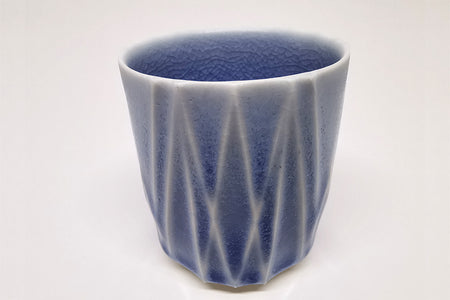 Drinkware, Large sake cup, Ash glaze, Indigo blue B - Shoh Araya, White porcelain, Ceramics
