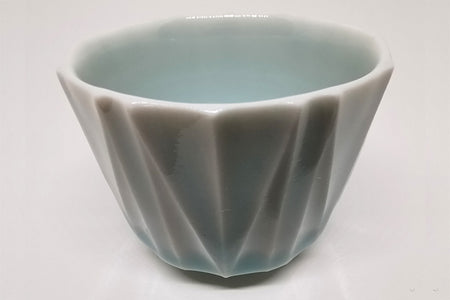 Drinkware, Large sake cup, Bluish white porcelain, Line patterns, - Shoh Araya, White porcelain, Ceramics