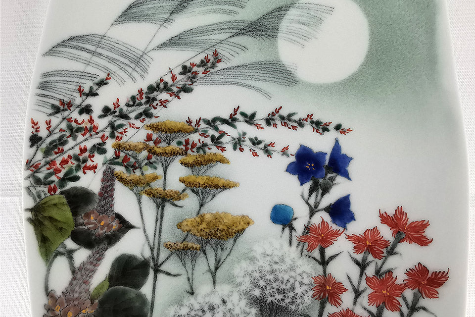 Table ware, Square plate, Multicolored glaze painting, Seven autumnal flowers and the moon - Takanori Fujino, Iro-e, ceramics