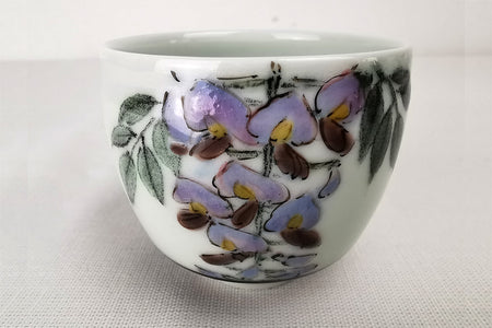Drinkware, Large sake cup, Multicolored glaze painting, Wisteria flower - Takanori Fujino, Iro-e, ceramics