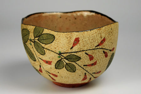 Tea ceremony utensils, Matcha tea bowl, Cloth pattern, Bush clover - Motohiko Ito, Kasama ware, Ceramics