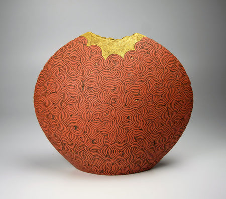 Flower vessel, Vase, Red curved design pottery, Medium - Satoshi Uetake, Kasama ware, Ceramics