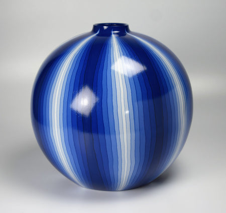 Flower vessel, Pot, Muku ash glazed, Kneading technique, Line design, Ultramarine - Koyo Matsui, Kasama ware, Ceramics