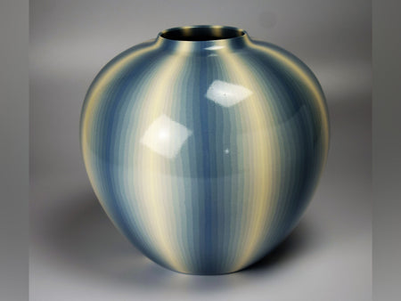 Flower vessel, Pot, Muku ash glazed, Kneading technique, Line design, Light aqua - Koyo Matsui, Kasama ware, Ceramics