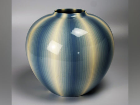 Flower vessel, Pot, Muku ash glazed, Kneading technique, Line design, Light aqua - Koyo Matsui, Kasama ware, Ceramics