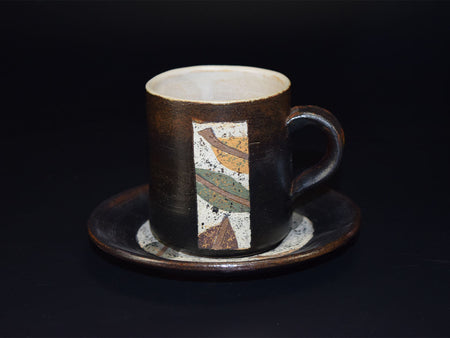 咖啡用品 流叶纹杯碟套装 棕色 须藤茂夫 笠间烧 陶瓷器