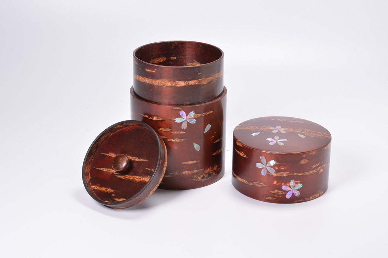 茶具 樹皮茶葉罐 大 螺鈿 櫻皮細工 木工藝品