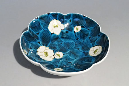餐具 藍釉椿紋鉢 手繪 山口義博 九谷燒 陶瓷器