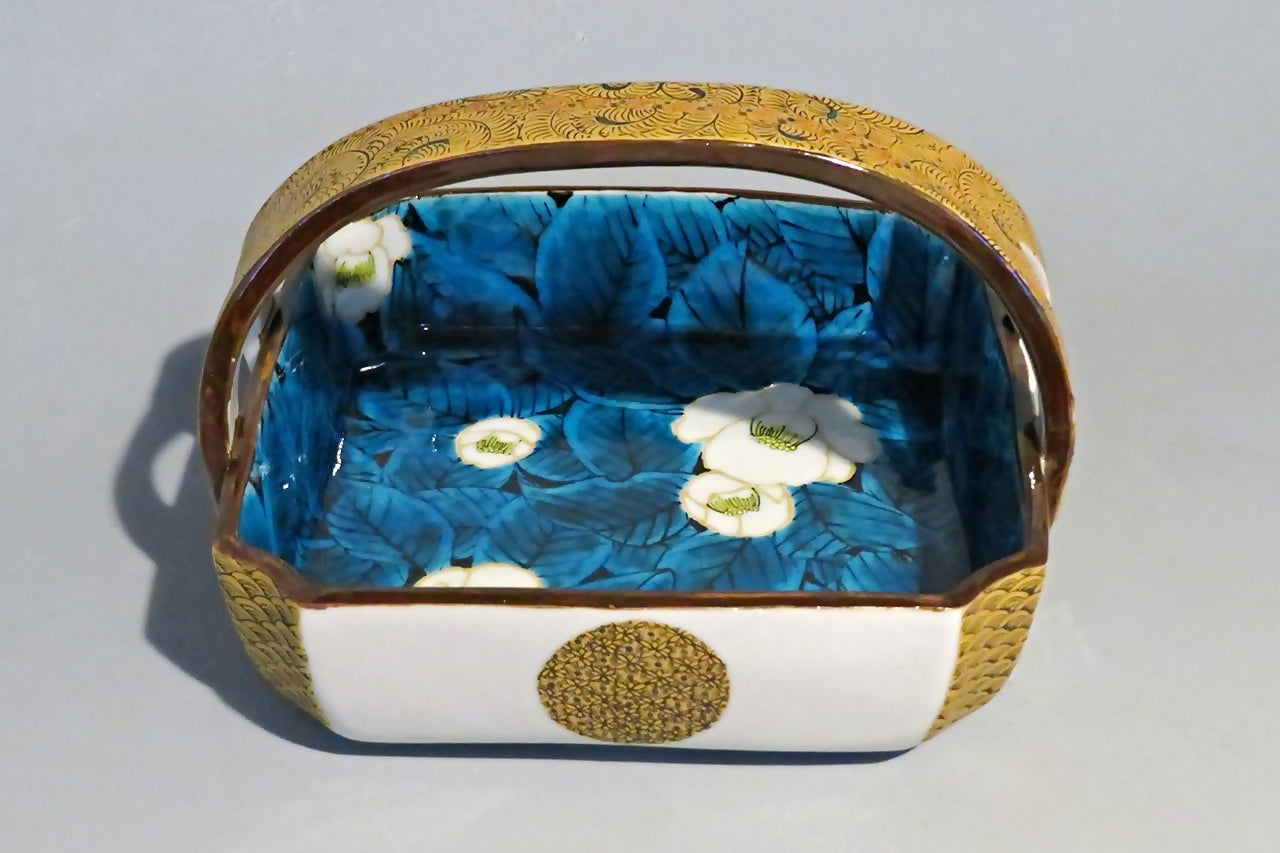 餐具 藍釉椿紋方鉢 手繪 提手 山口義博 九谷燒 陶瓷器