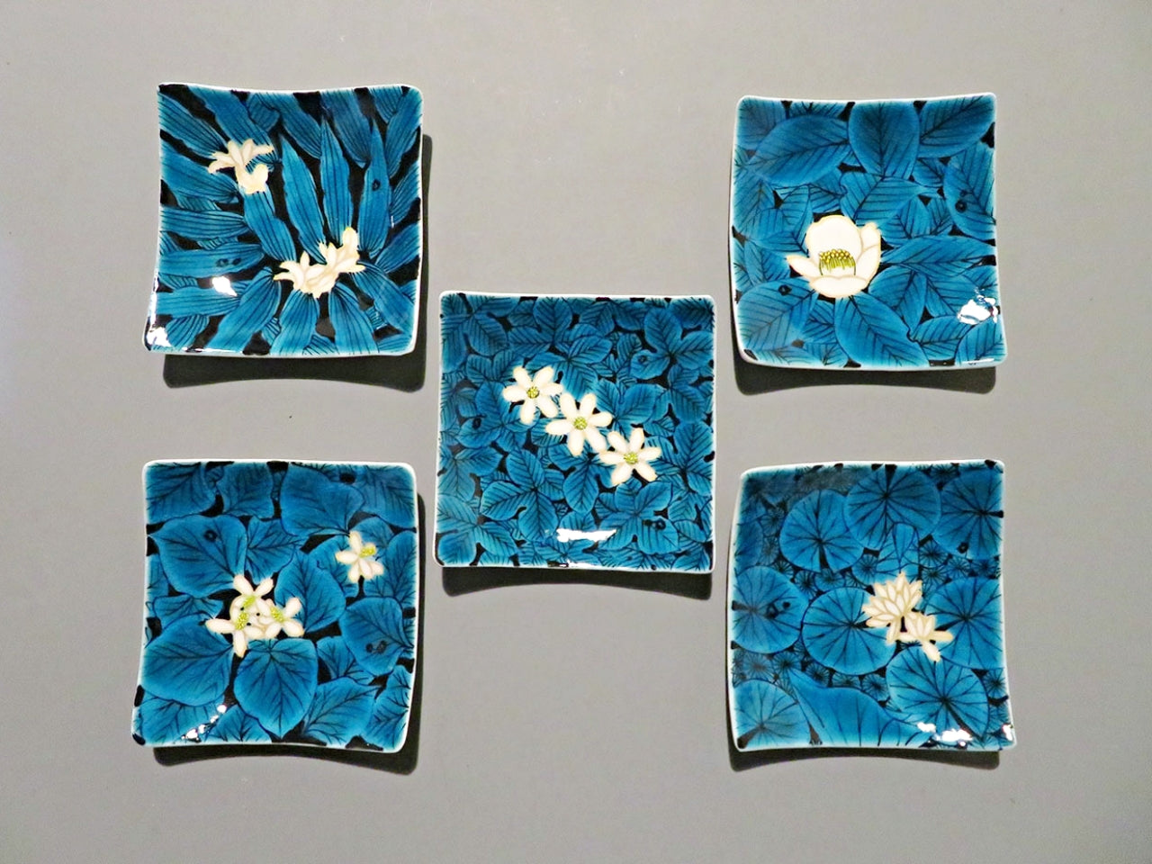 餐具 碟子套裝 藍釉花紋方形小碟 手繪 5只 山口義博 九谷燒 陶瓷器